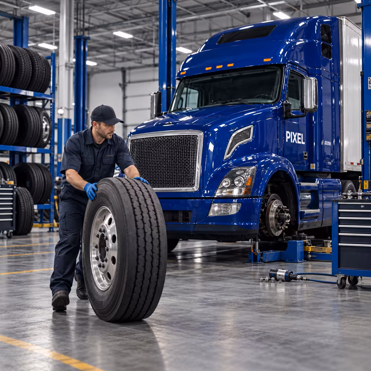 A technician rolling a heavy-duty truck tire